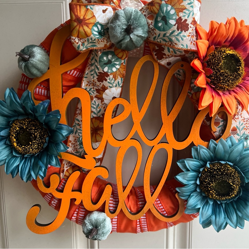 Hello Fall Mini Wreath 12 Inch Front Door  Indoor Decor Teal Orange Sunflowers